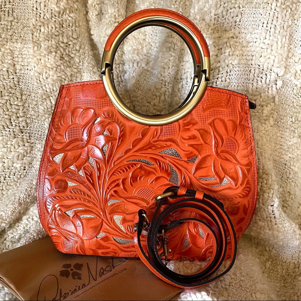Patricia Nash Aria Shopper Handbag in Orange Tooled Leather with Brass Trim
